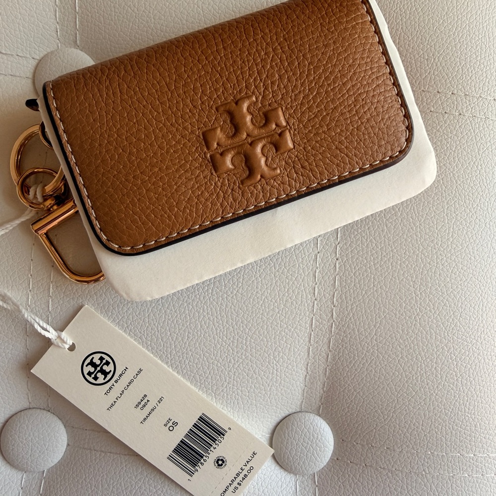 Tory Burch Tan Pebbled Leather Earbud Case with Gold-Tone Hardware